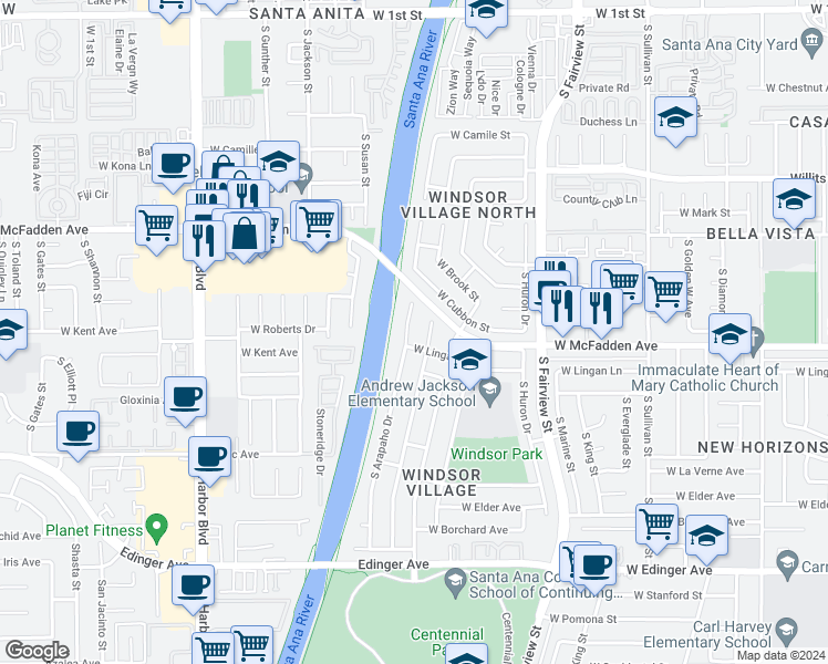 map of restaurants, bars, coffee shops, grocery stores, and more near 1013 South Arapaho Drive in Santa Ana