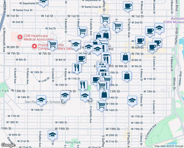 map of restaurants, bars, coffee shops, grocery stores, and more near 1010 South Cabrillo Avenue in Los Angeles
