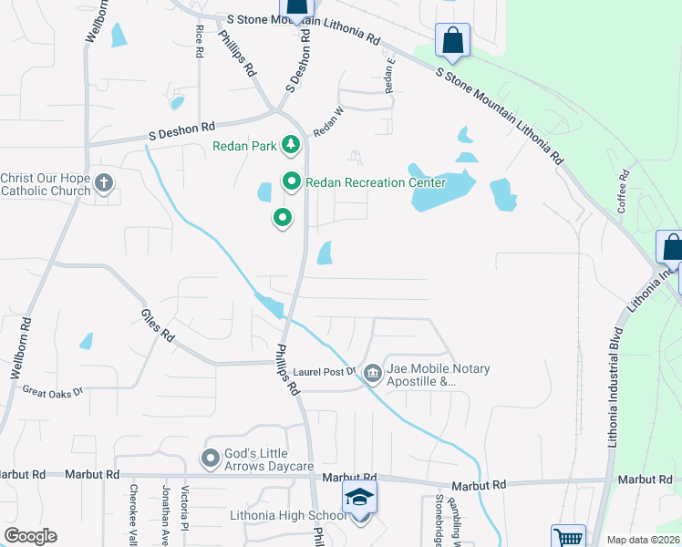 map of restaurants, bars, coffee shops, grocery stores, and more near 6330 Phillips Place in Lithonia
