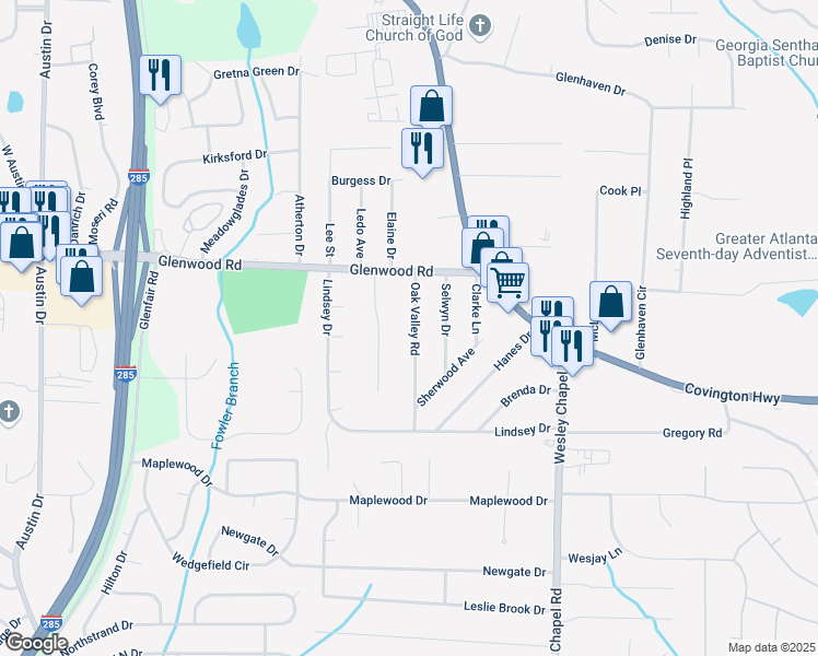 map of restaurants, bars, coffee shops, grocery stores, and more near 1901 Oak Valley Road in Decatur