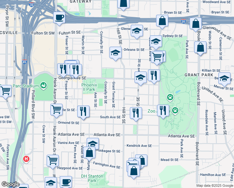 map of restaurants, bars, coffee shops, grocery stores, and more near 717 Woodson Street Southeast in Atlanta