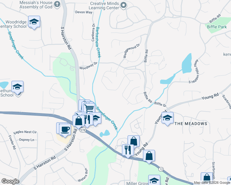 map of restaurants, bars, coffee shops, grocery stores, and more near 1997 Wedgewood Dr in Stone Mountain