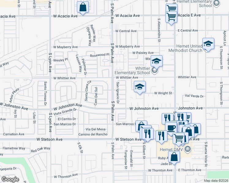 map of restaurants, bars, coffee shops, grocery stores, and more near 801 South Palm Avenue in Hemet