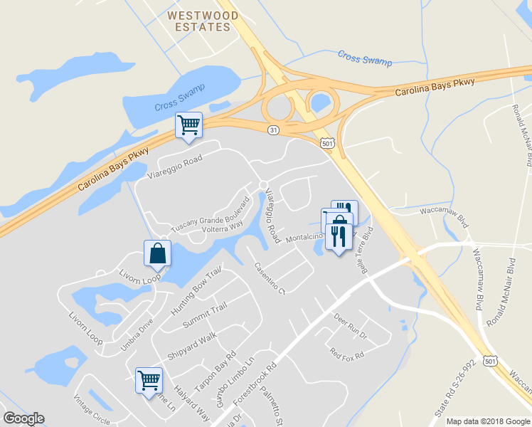 map of restaurants, bars, coffee shops, grocery stores, and more near 228 Viareggio Road in Myrtle Beach