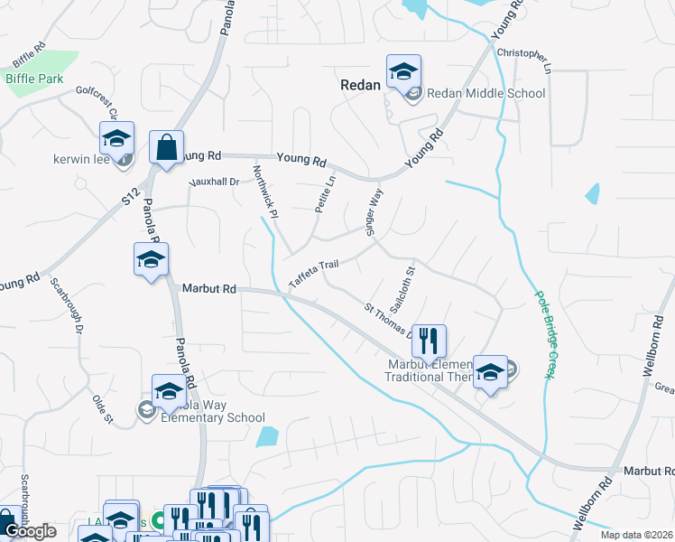 map of restaurants, bars, coffee shops, grocery stores, and more near 1922 Taffeta Trail in Lithonia
