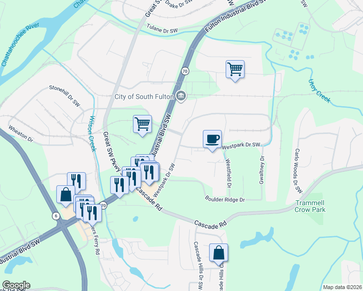 map of restaurants, bars, coffee shops, grocery stores, and more near 4000 Westpark Drive Southwest in Atlanta