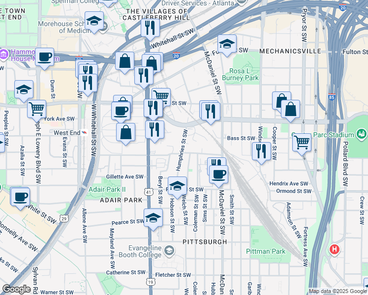 map of restaurants, bars, coffee shops, grocery stores, and more near 728 Humphries Street Southwest in Atlanta