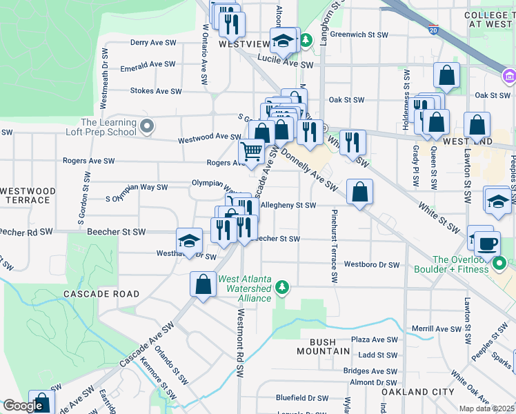 map of restaurants, bars, coffee shops, grocery stores, and more near 746 Cascade Avenue Southwest in Atlanta