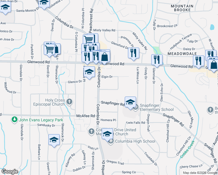 map of restaurants, bars, coffee shops, grocery stores, and more near 3404 Springlake Drive in Decatur