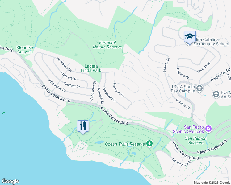 map of restaurants, bars, coffee shops, grocery stores, and more near 32281 Phantom Drive in Rancho Palos Verdes