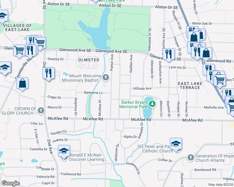map of restaurants, bars, coffee shops, grocery stores, and more near 619 Daniel Avenue in Decatur