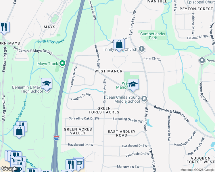 map of restaurants, bars, coffee shops, grocery stores, and more near 758 Braemar Avenue Southwest in Atlanta