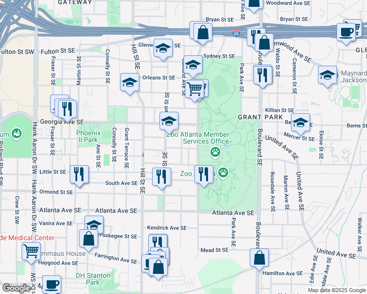 map of restaurants, bars, coffee shops, grocery stores, and more near 716 Oakland Avenue Southeast in Atlanta