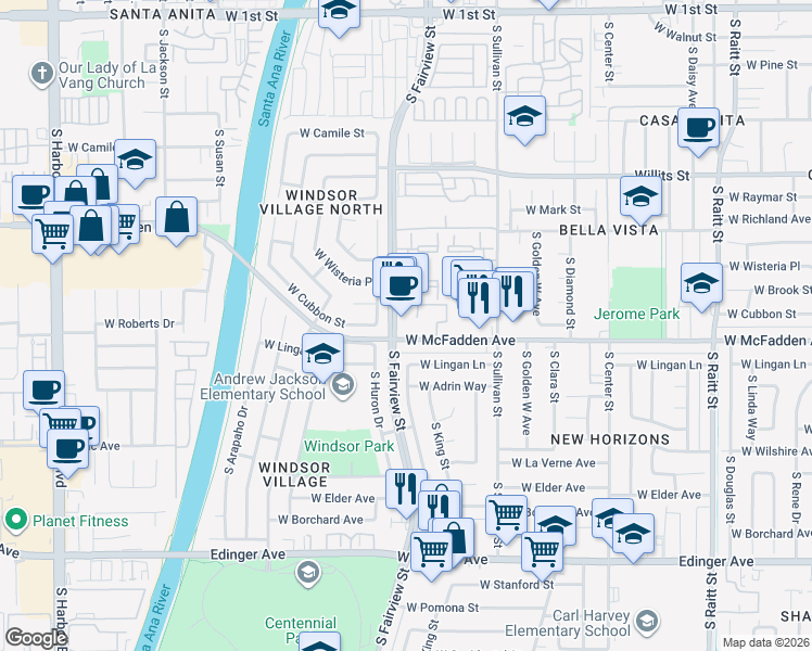 map of restaurants, bars, coffee shops, grocery stores, and more near 2745 West McFadden Avenue in Santa Ana