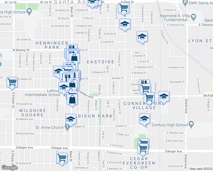 map of restaurants, bars, coffee shops, grocery stores, and more near 522 Normandy Place in Santa Ana