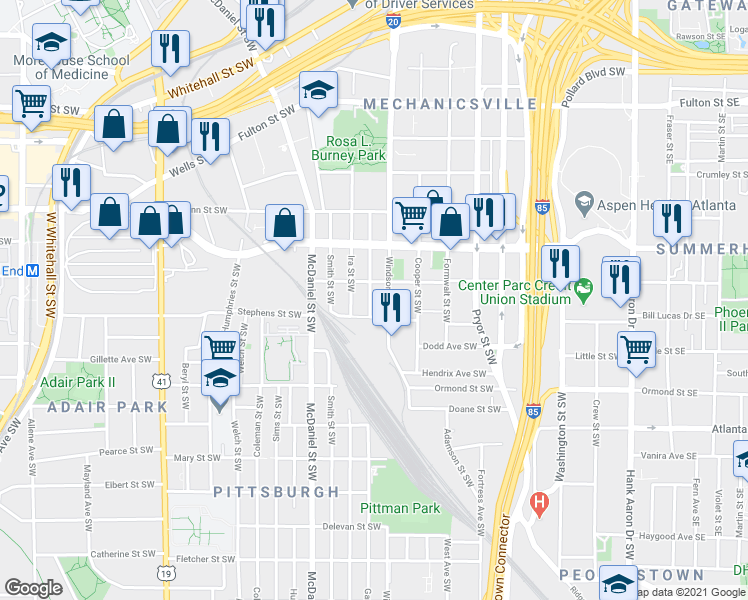 map of restaurants, bars, coffee shops, grocery stores, and more near 732 Garibaldi Street Southwest in Atlanta