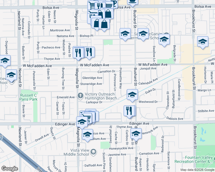 map of restaurants, bars, coffee shops, grocery stores, and more near 15681 Canna Way in Westminster