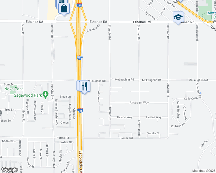 map of restaurants, bars, coffee shops, grocery stores, and more near 26541 Trumble Road in Menifee