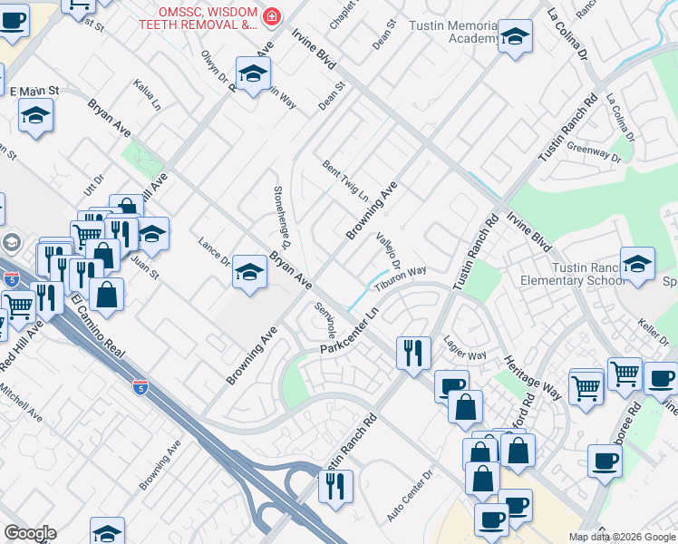map of restaurants, bars, coffee shops, grocery stores, and more near 2022 Burnt Mill Road in Tustin