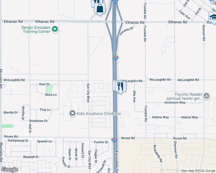 map of restaurants, bars, coffee shops, grocery stores, and more near 26542 Collins Street in Menifee