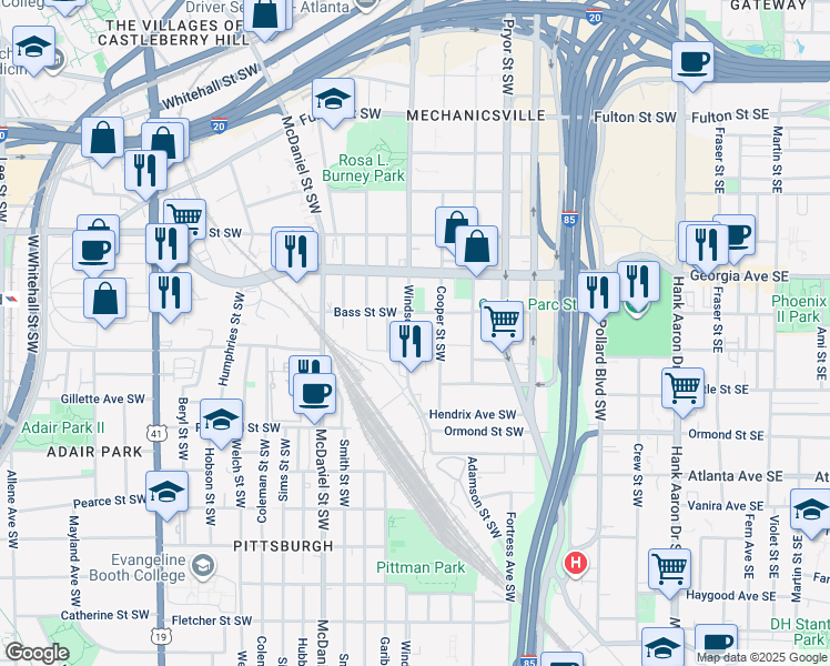 map of restaurants, bars, coffee shops, grocery stores, and more near 723 Cooper Street Southwest in Atlanta