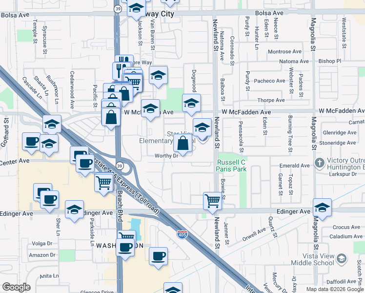 map of restaurants, bars, coffee shops, grocery stores, and more near 15661 Wilson Street in Midway City