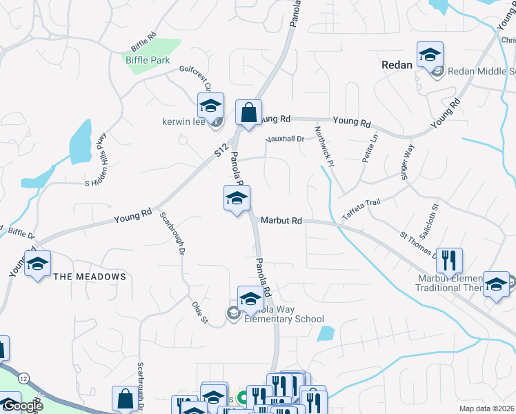 map of restaurants, bars, coffee shops, grocery stores, and more near 1912 Panola Road in Lithonia