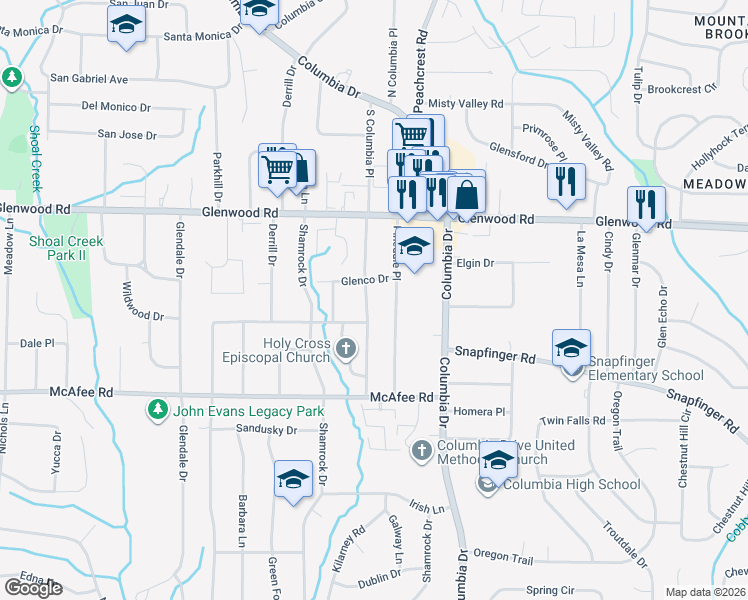map of restaurants, bars, coffee shops, grocery stores, and more near 1908 South Columbia Place in Decatur