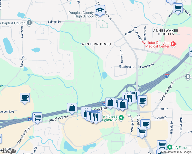 map of restaurants, bars, coffee shops, grocery stores, and more near 9060 Par Drive in Douglasville