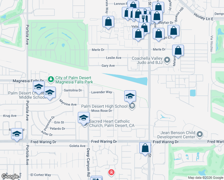 map of restaurants, bars, coffee shops, grocery stores, and more near 74626 Lavender Way in Palm Desert