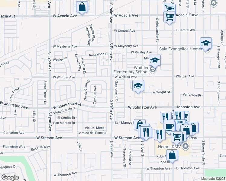 map of restaurants, bars, coffee shops, grocery stores, and more near 800 South Palm Avenue in Hemet