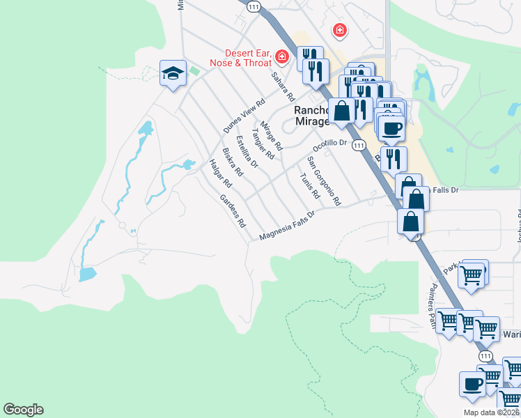 map of restaurants, bars, coffee shops, grocery stores, and more near 71520 Halgar Road in Rancho Mirage