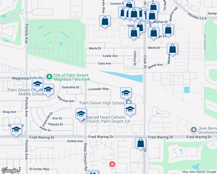 map of restaurants, bars, coffee shops, grocery stores, and more near 74626 Lavender Way in Palm Desert
