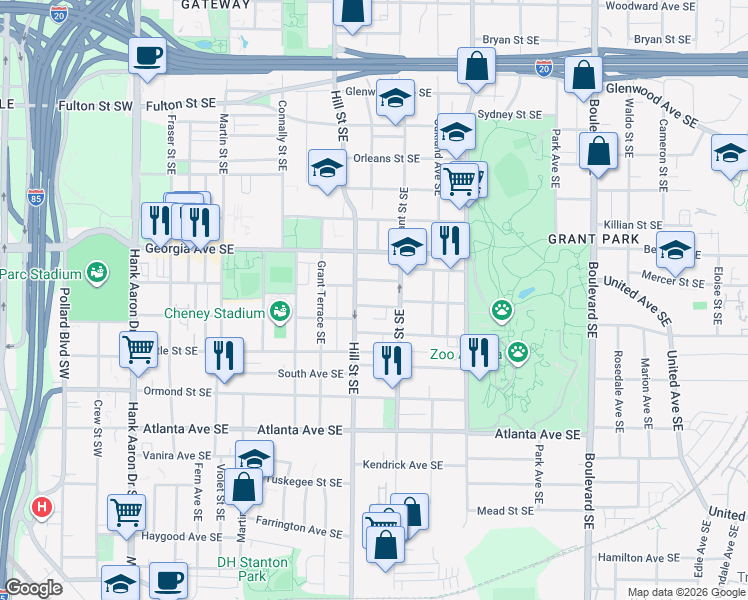map of restaurants, bars, coffee shops, grocery stores, and more near 716 Hill Street Southeast in Atlanta