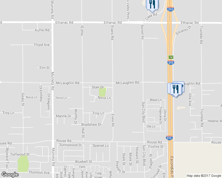 map of restaurants, bars, coffee shops, grocery stores, and more near 26553 Evans Road in Menifee