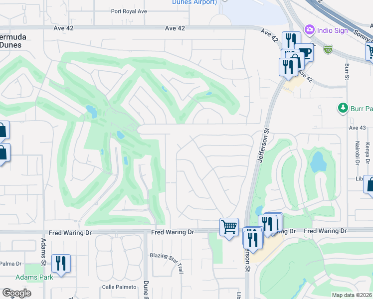 map of restaurants, bars, coffee shops, grocery stores, and more near 43244 Parkway Esplanade North in La Quinta