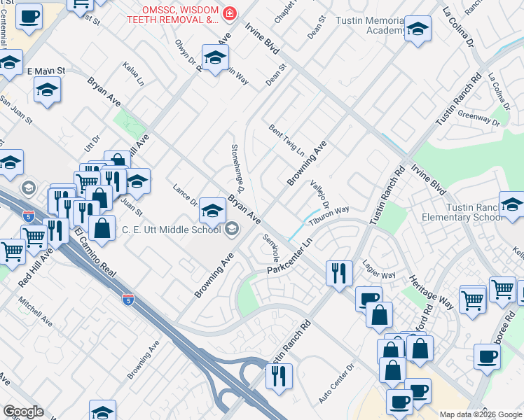 map of restaurants, bars, coffee shops, grocery stores, and more near 1972 Red Mill Circle in Tustin