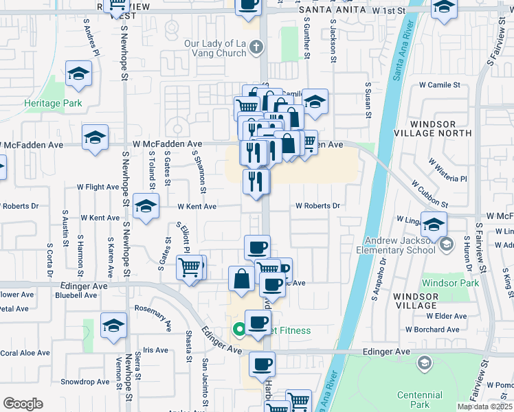 map of restaurants, bars, coffee shops, grocery stores, and more near 922 South Harbor Boulevard in Santa Ana