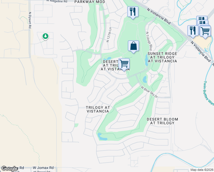 map of restaurants, bars, coffee shops, grocery stores, and more near 27835 North 129th Lane in Peoria