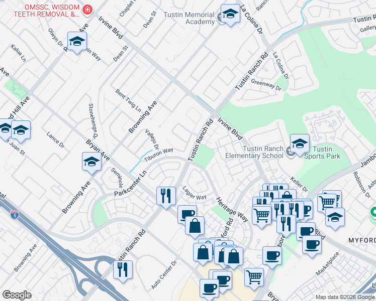map of restaurants, bars, coffee shops, grocery stores, and more near 13222 Cortina in Tustin