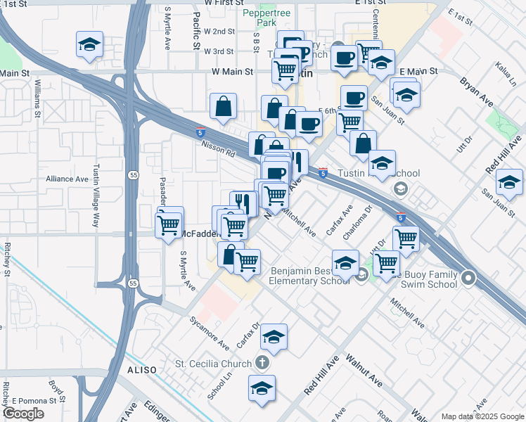 map of restaurants, bars, coffee shops, grocery stores, and more near 14244 Newport Avenue in Tustin