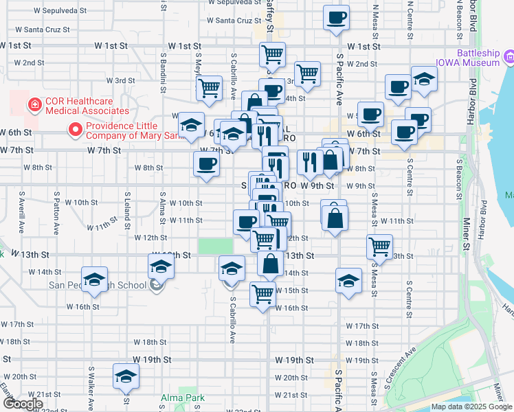 map of restaurants, bars, coffee shops, grocery stores, and more near 727 West 10th Street in Los Angeles