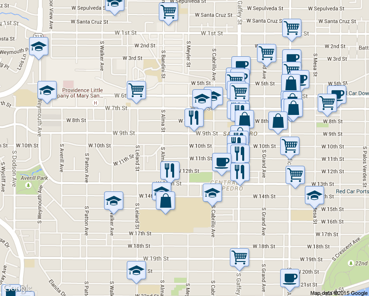 map of restaurants, bars, coffee shops, grocery stores, and more near 927 West 10th Street in Los Angeles