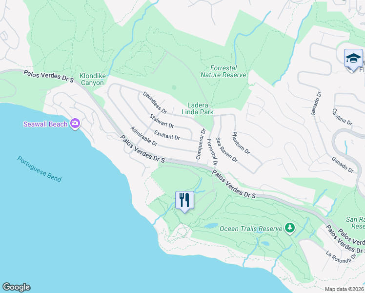 map of restaurants, bars, coffee shops, grocery stores, and more near 3943 Admirable Drive in Rancho Palos Verdes