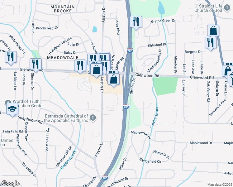 map of restaurants, bars, coffee shops, grocery stores, and more near 3841 Austin Circle in Decatur