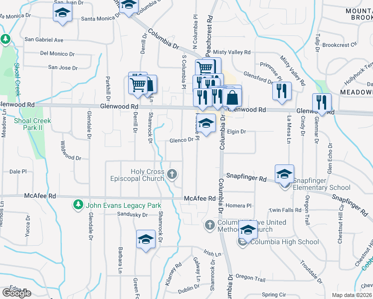 map of restaurants, bars, coffee shops, grocery stores, and more near 1908 South Columbia Place in Decatur