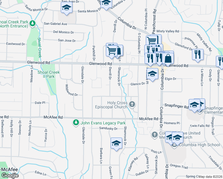 map of restaurants, bars, coffee shops, grocery stores, and more near 1908 Derrill Drive in Decatur