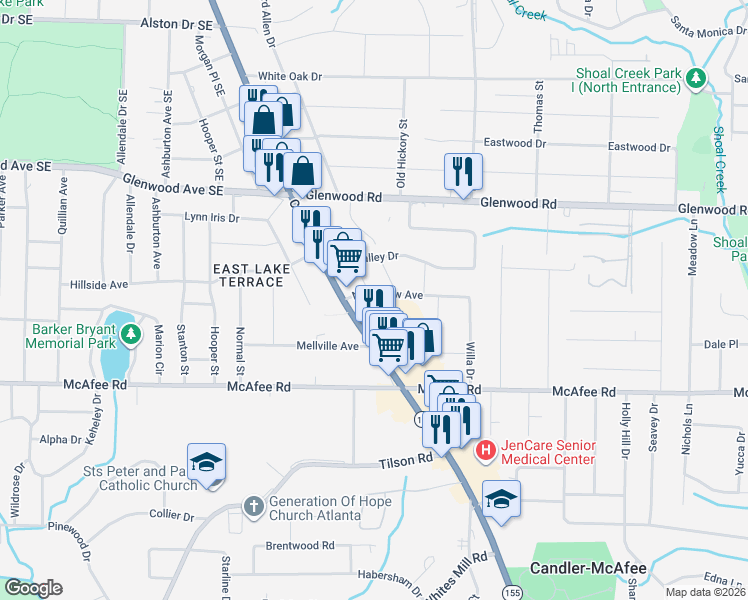 map of restaurants, bars, coffee shops, grocery stores, and more near 2565 Northview Avenue in Decatur
