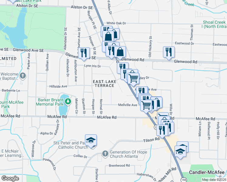 map of restaurants, bars, coffee shops, grocery stores, and more near 1925 Cannon Street in Decatur