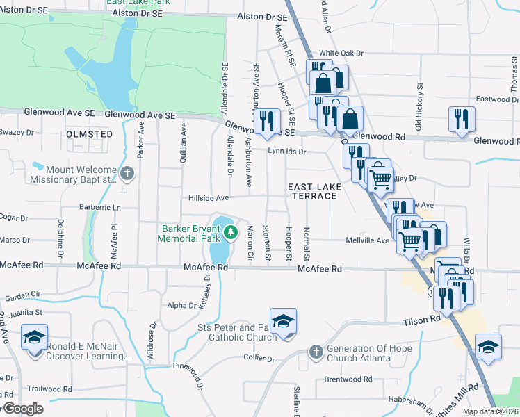 map of restaurants, bars, coffee shops, grocery stores, and more near 1925 Stanton Street in Decatur